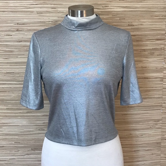 Silver Mock-Neck Crop Top - Picture 1 of 5